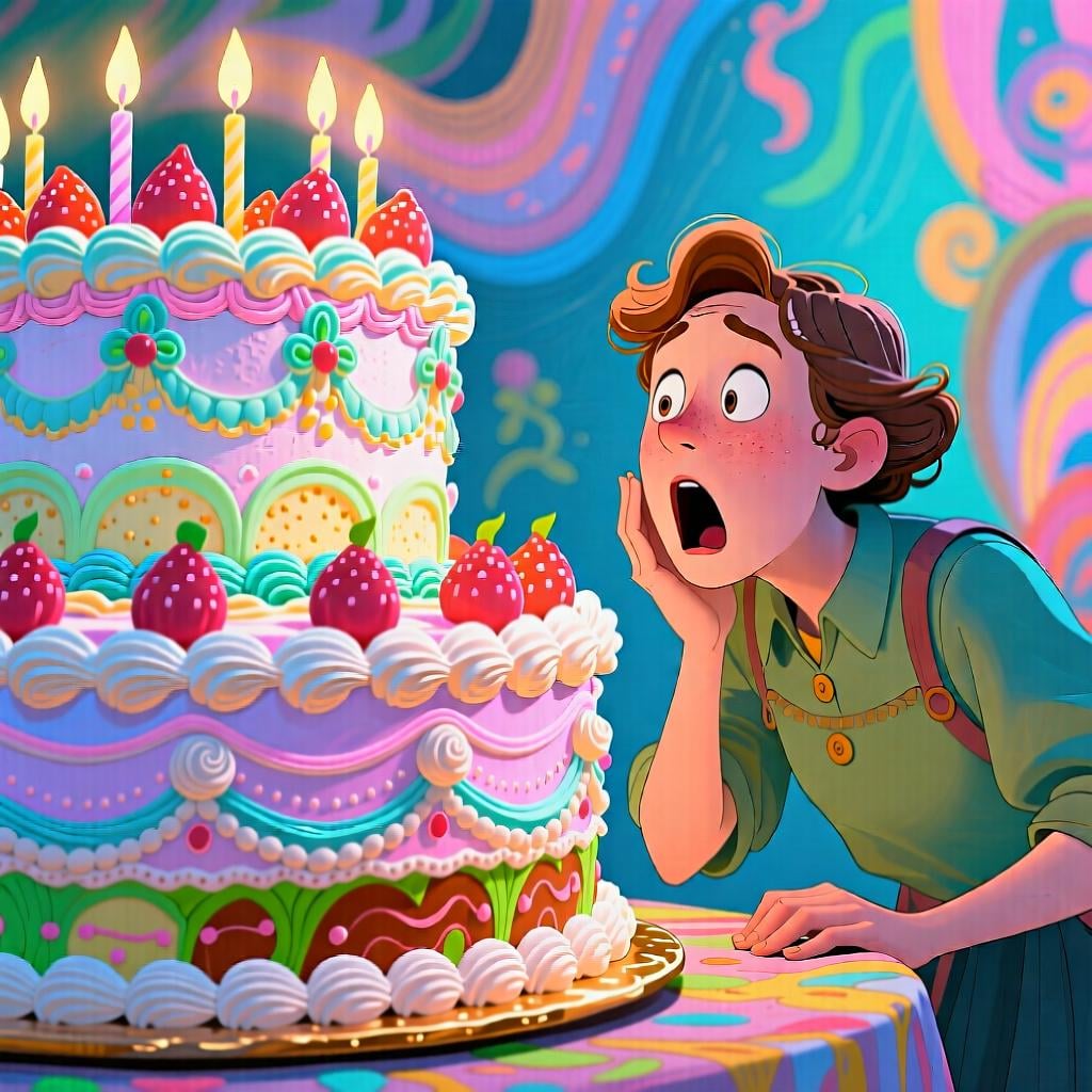 A person looking with amazement at a very large and beautifully decorated cake, emphasizing its special quality.