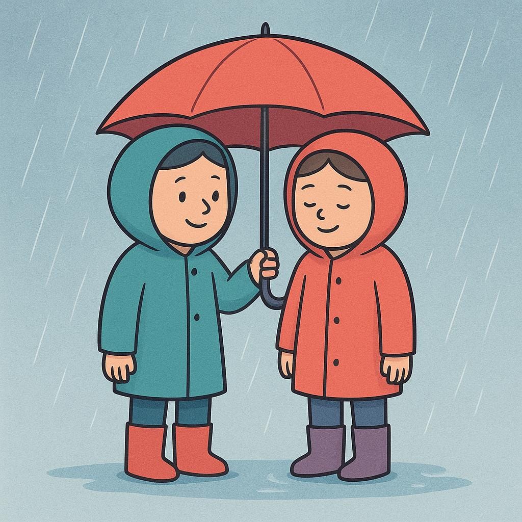 A storybook illustration showing one character courteously holding an umbrella to shield another character from the rain.