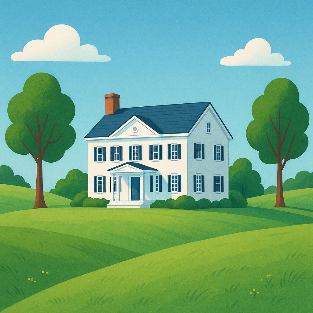 A sweeping view of a large, elegant traditional mansion situated on a huge expanse of green land, emphasizing the size of the property.