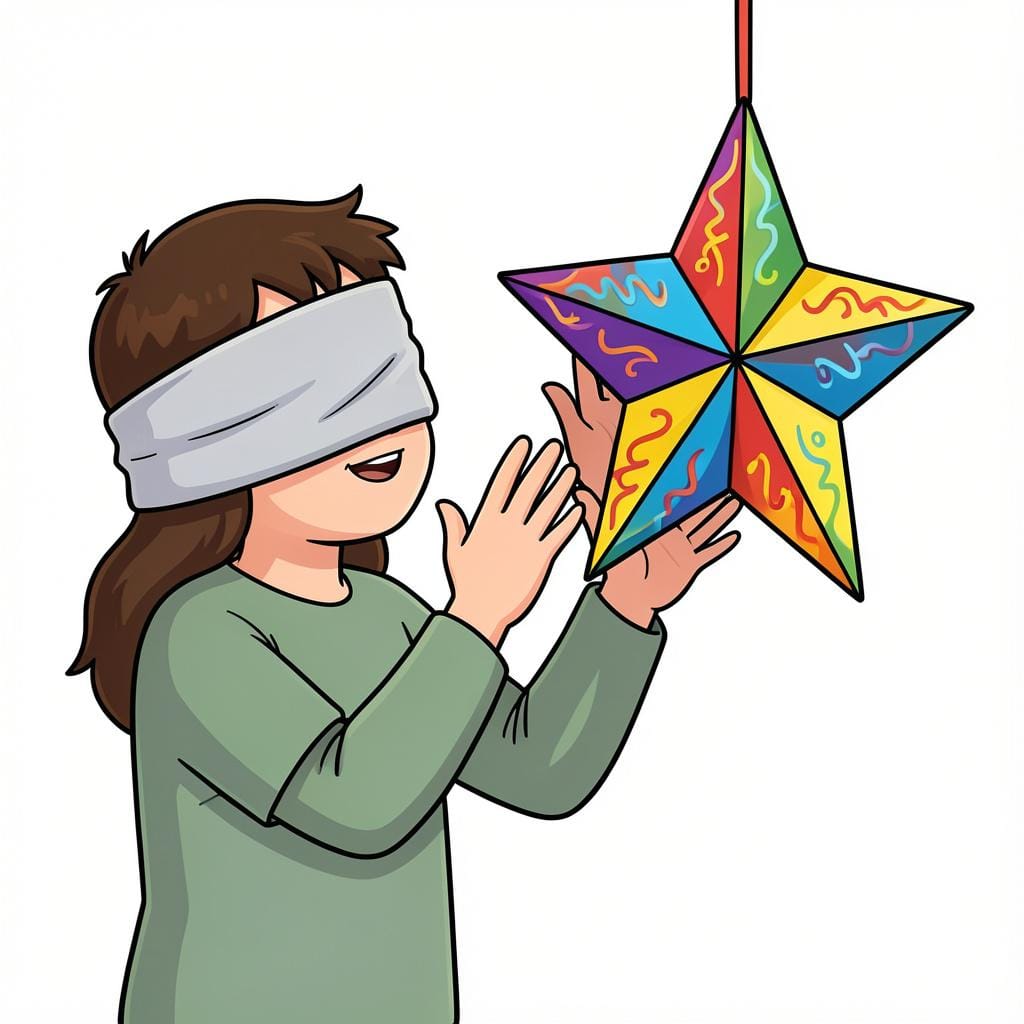 Eine Person mit verbundenen Augen, die versucht, eine bunte Piñata zu finden.