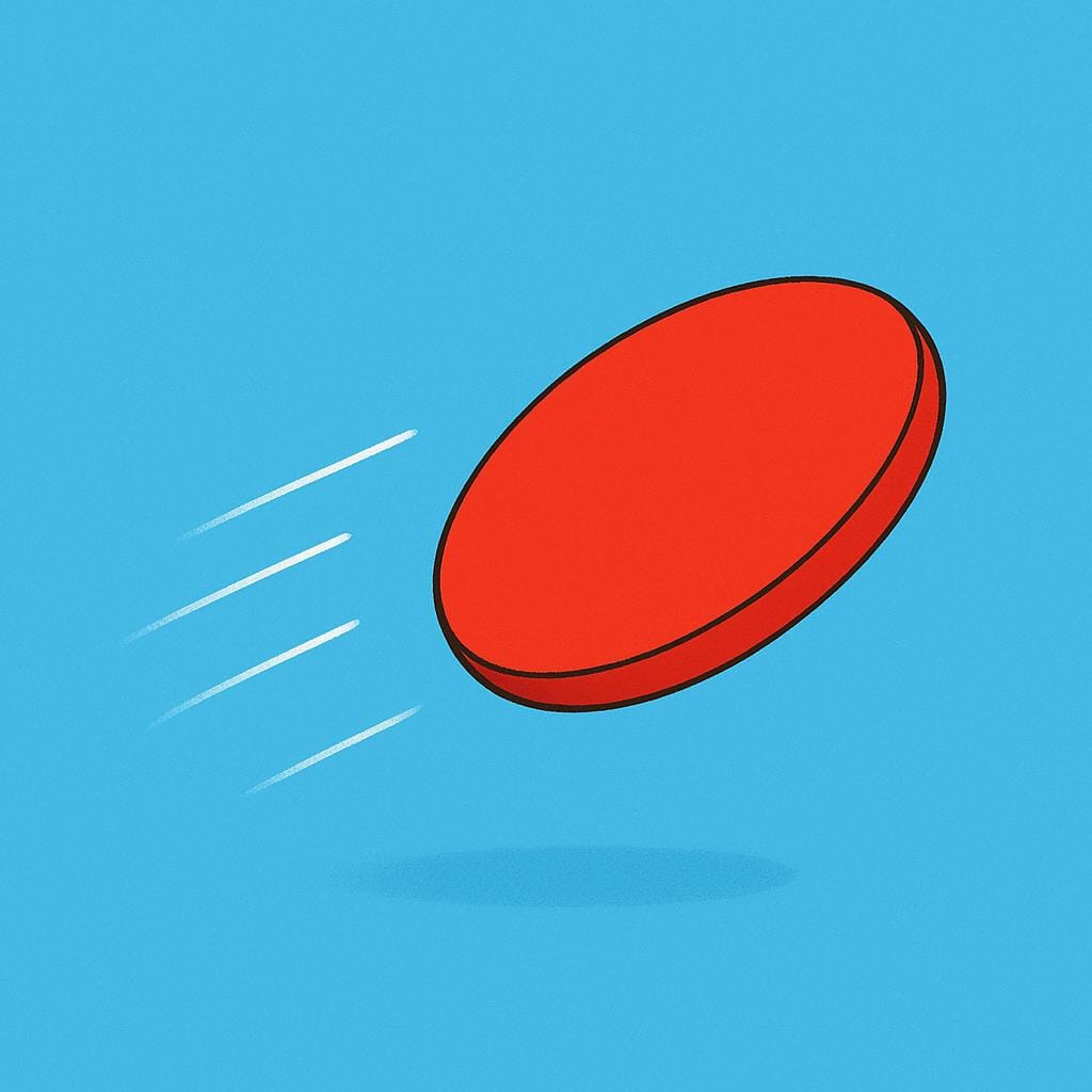 A bright red flat circular disc, similar to a frisbee, illustrated mid-flight.