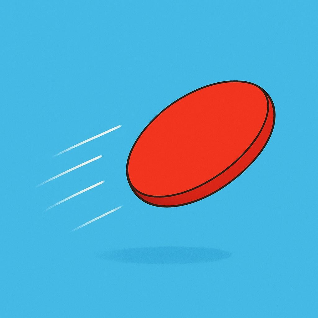 A bright red flat circular disc, similar to a frisbee, illustrated mid-flight.