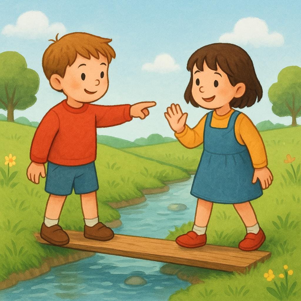 Two children standing outdoors. One child points toward a narrow wooden plank bridging a small stream, daring the other child to cross it.
