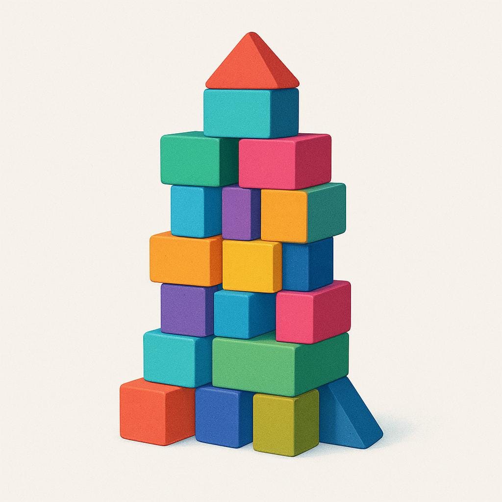 A large, neatly stacked tower constructed from many smaller, colorful building blocks, illustrating the final total amount.