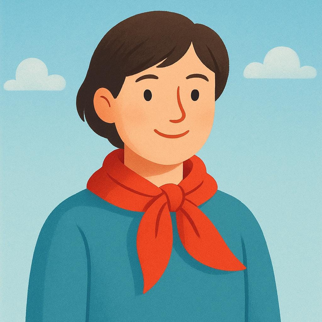 A simplified storybook illustration showing a close-up of a figure wearing a vibrant red scarf tied around their neck.