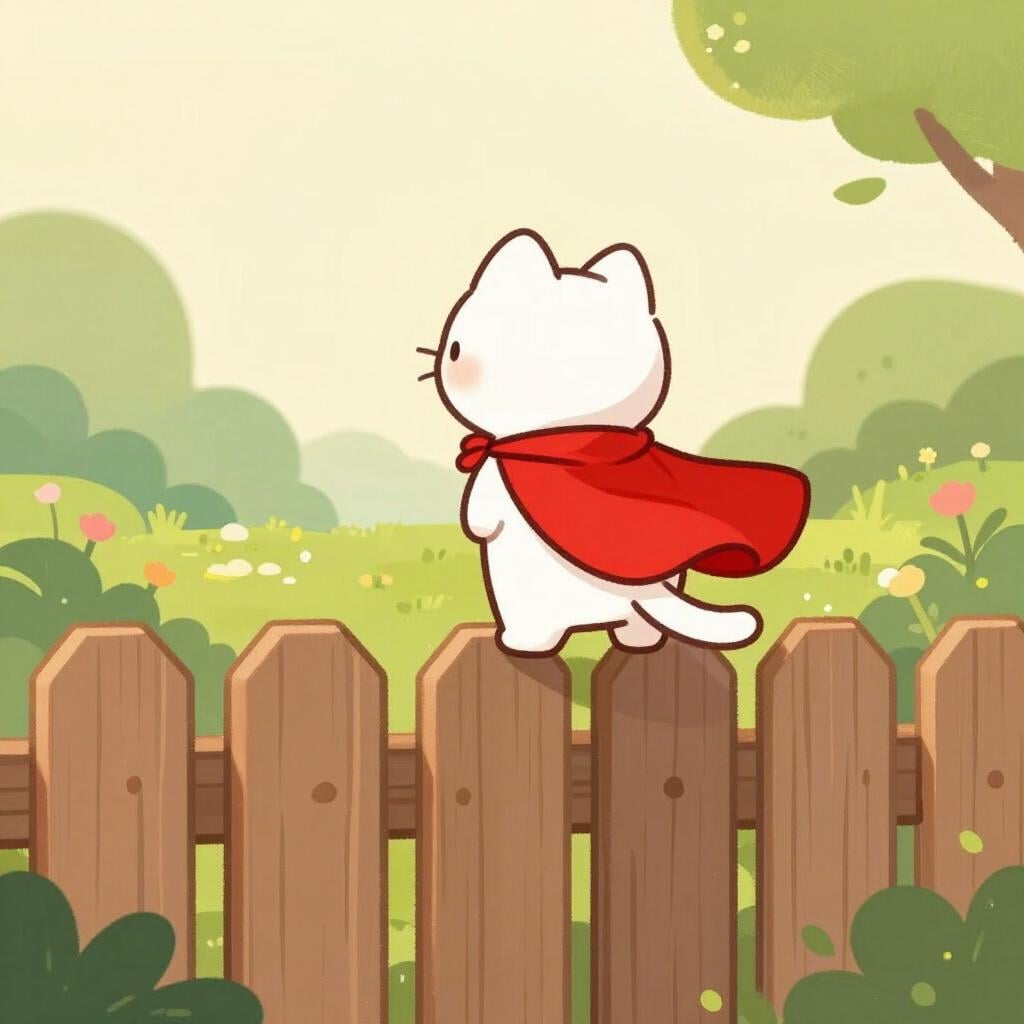 A small kitten wearing a superhero cape standing bravely on top of a tall wooden fence.