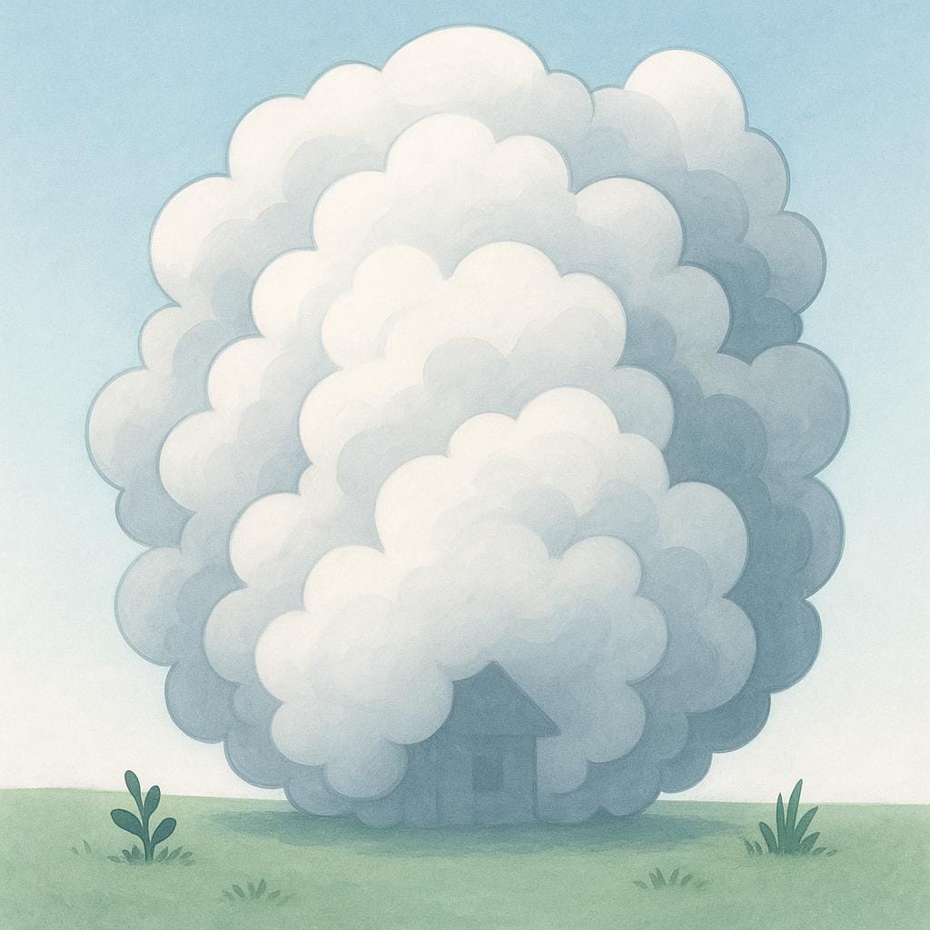 A massive, thick cloud of swirling white and gray smoke completely obscuring a small structure behind it.