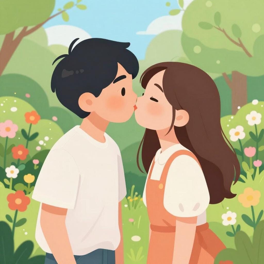 A tender moment where one person gently kisses another on the cheek in a colorful garden.