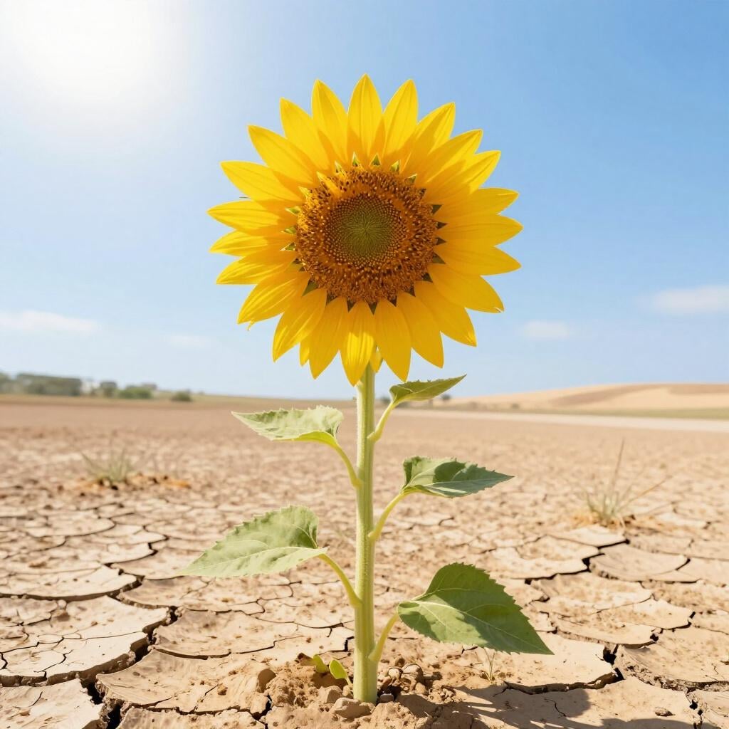 A single bright yellow sunflower growing in the middle of a cracked, dry gray desert, representing a remedy for a bad situation.