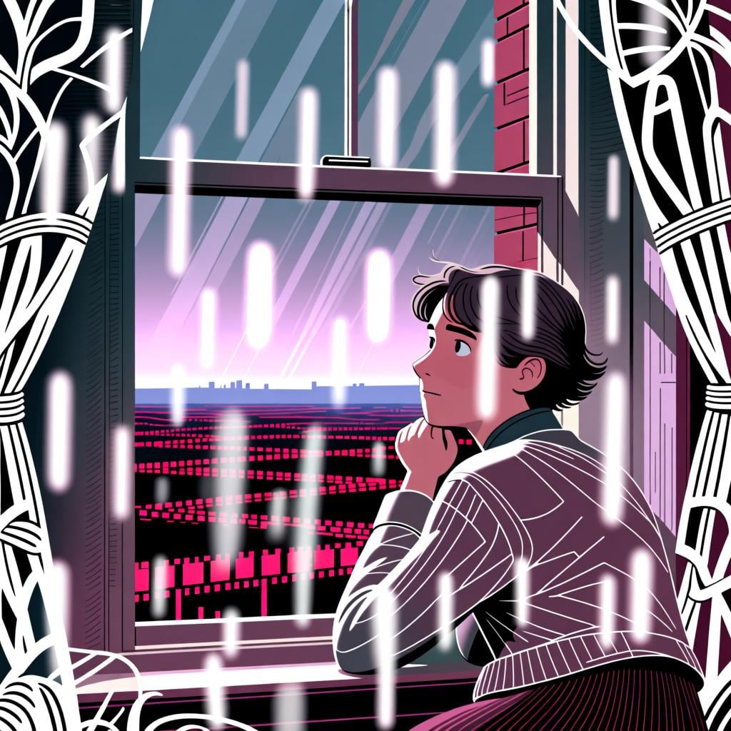 A person looking out a window towards a distant, hopeful horizon, representing the future.