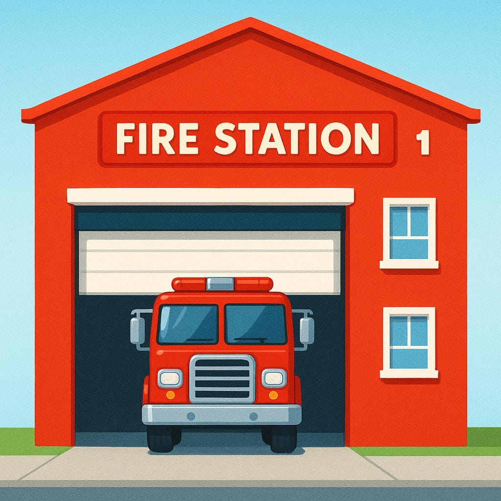 A brightly colored illustration of a fire station, featuring a red building with large white doors and a red fire truck visible inside.