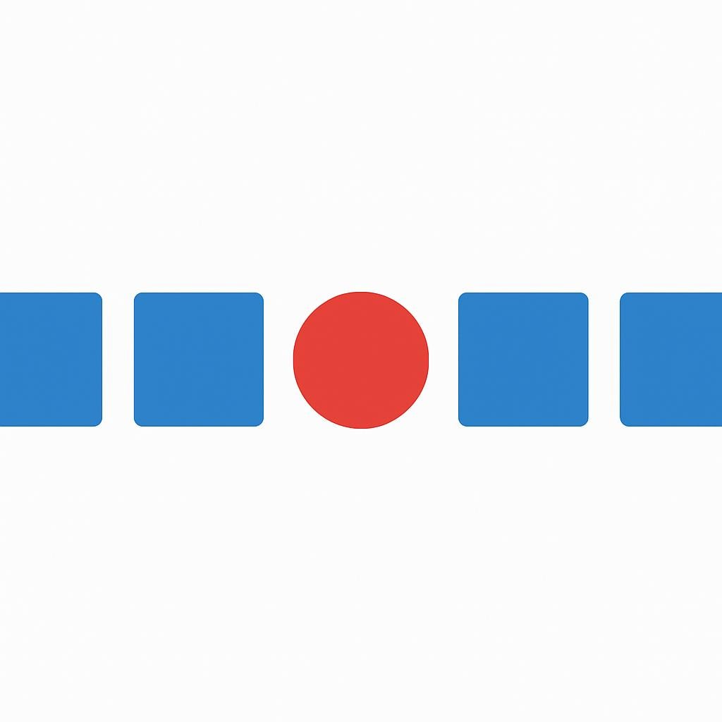 A visual representation of an exception: four identical blue squares are lined up in a row, but one item in the center is a red circle, standing out from the pattern.