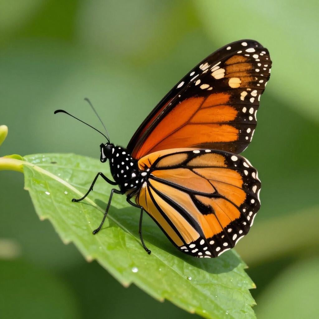 Een vlinder met oranje en zwarte patronen op de vleugels, rustend op een groen blad.