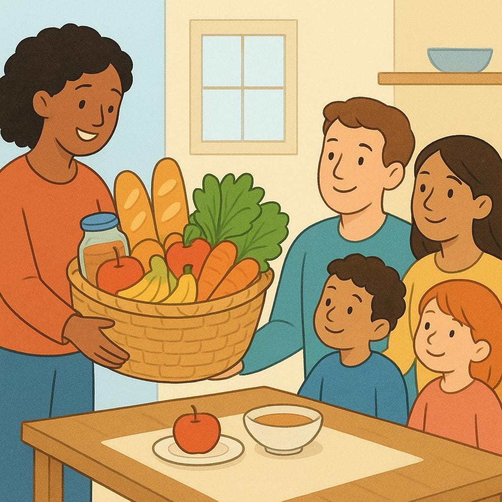 An adult hand placing a large bowl of fresh fruit and a loaf of bread on a table for a child.