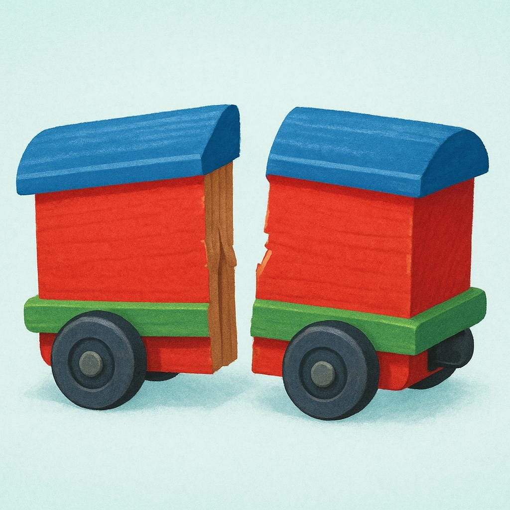 A simple wooden toy train car resting on a floor, clearly split into two distinct, broken pieces.