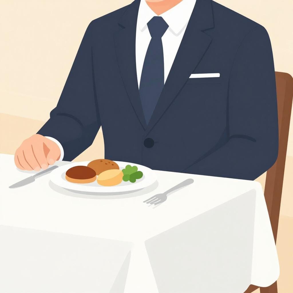 フォーマルなスーツを着て、高級なダイニングテーブルに座っている人。