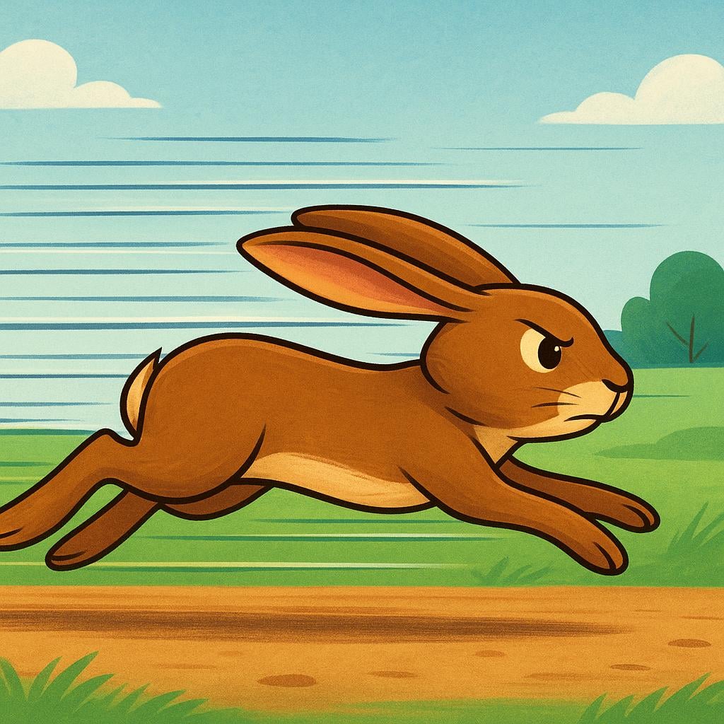 A speedy brown rabbit moving rapidly across a dirt path, indicated by clear horizontal motion lines trailing behind it.