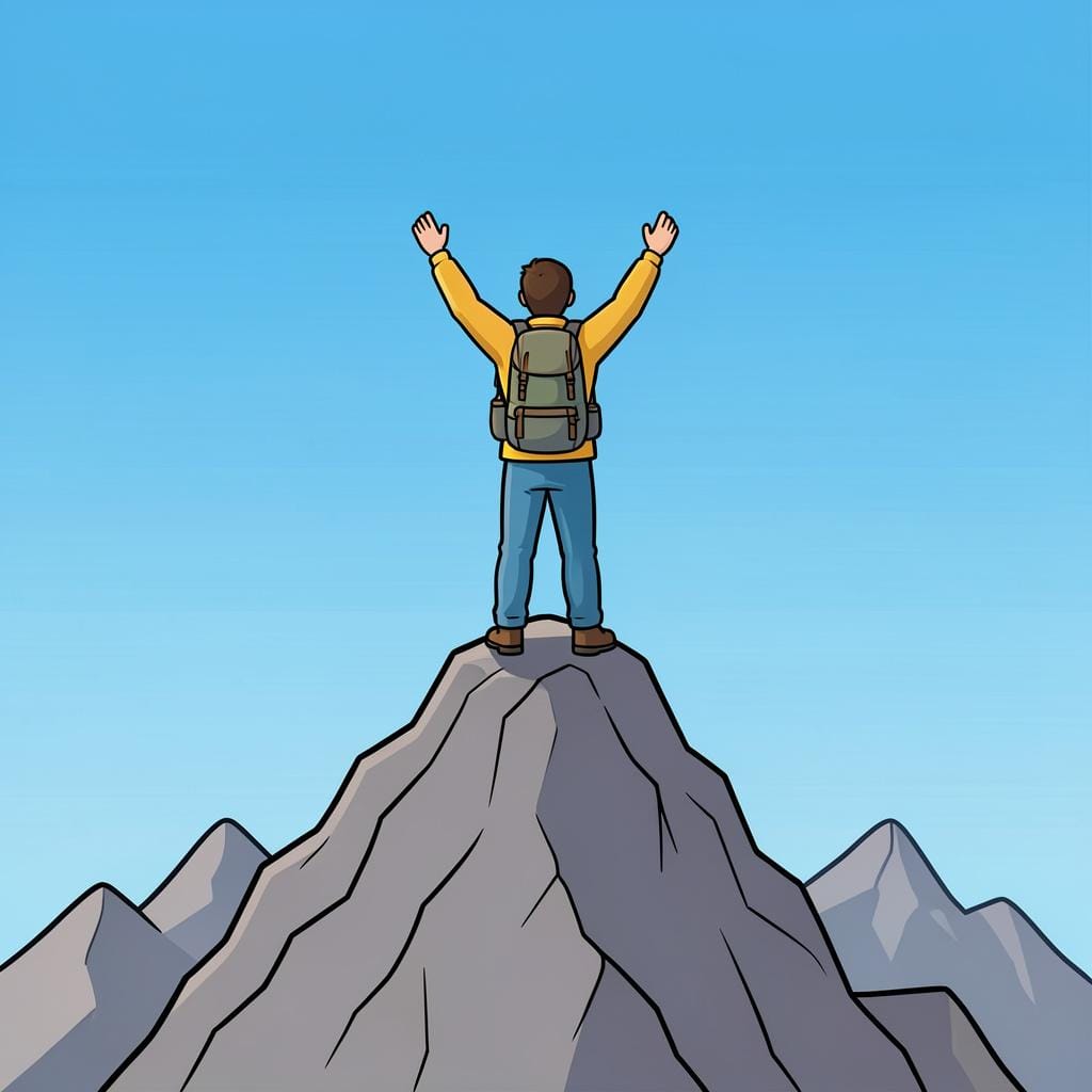 A hiker standing on a mountain peak with their arms raised in triumph.