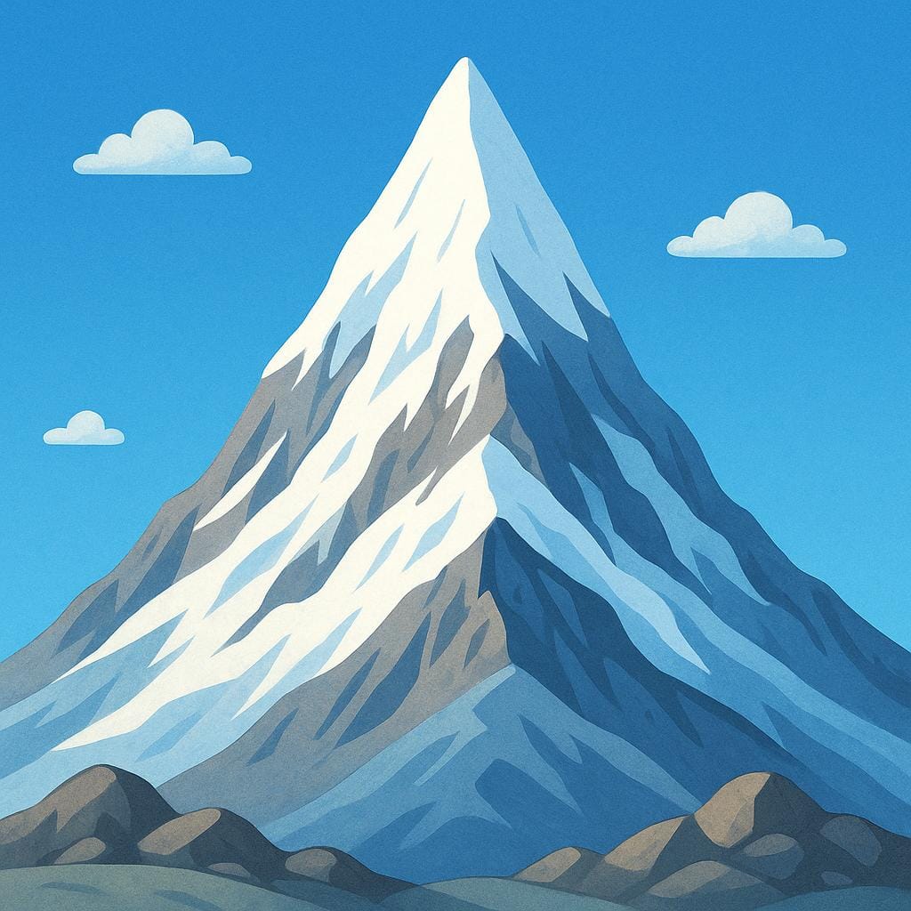 A sharp, snow-capped mountain peak, the highest point of the range, clearly defined against a blue sky, illustrating a summit.