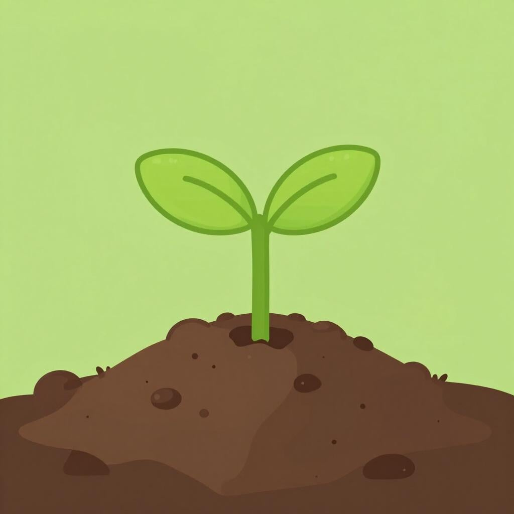 A single bright green sprout growing out of a small pile of rich dark soil.