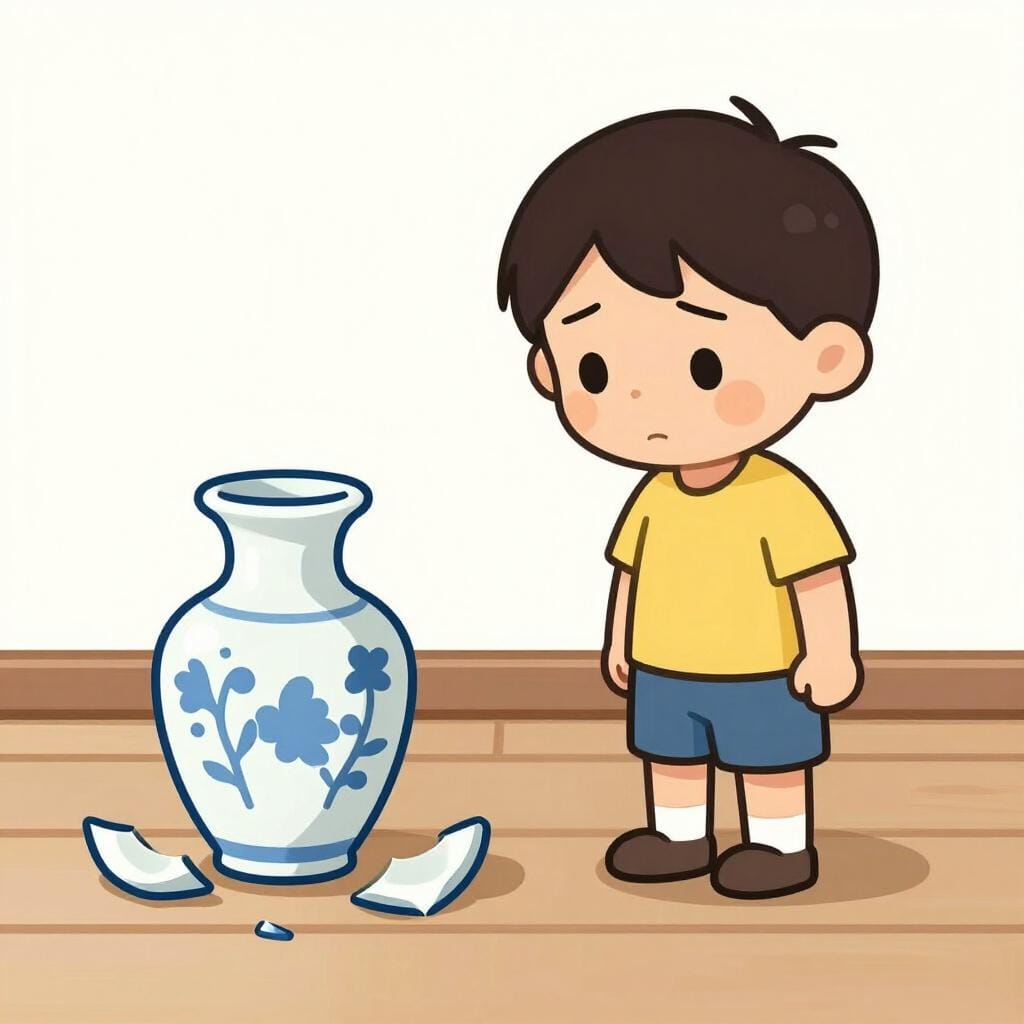 Een verdrietig kind dat naar een gebroken keramische vaas op de grond kijkt.