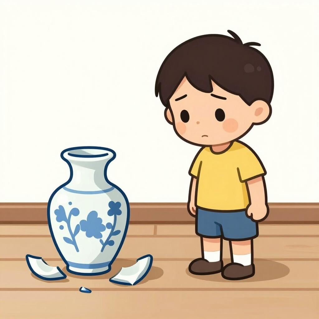 Een verdrietig kind dat naar een gebroken keramische vaas op de grond kijkt.