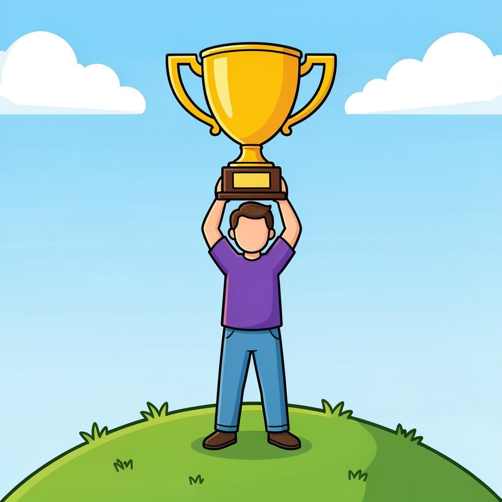A person holding a golden trophy high in the air with a proud expression.