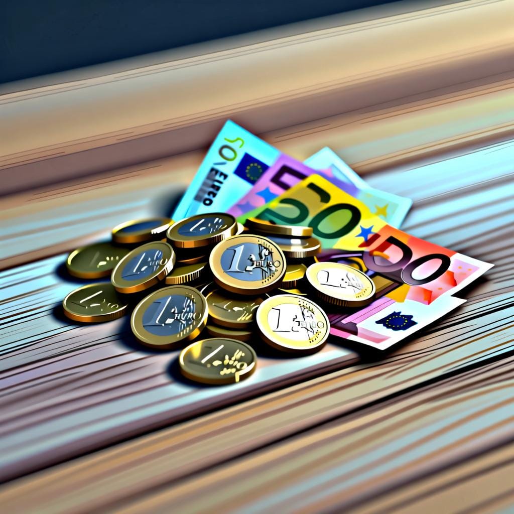 A collection of euro coins and colorful banknotes spread out on a wooden table, representing the concept of money.