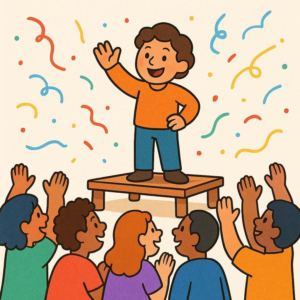 Een lachend cartoonfiguur dat op een klein houten podium staat, een hand opsteekt en zwaait naar een kleine groep juichende mensen beneden.