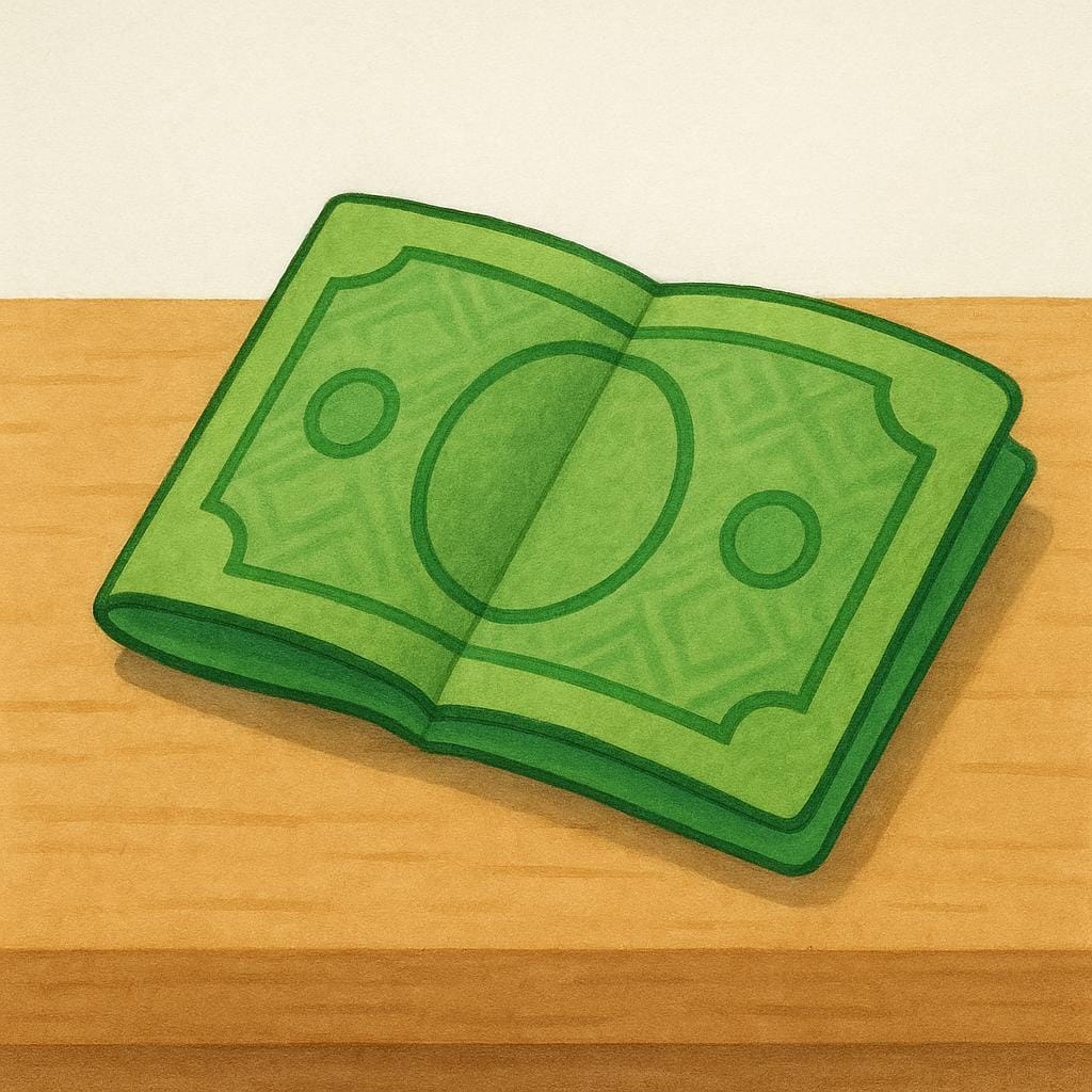 A single green piece of folded paper currency resting flat on a table, representing a banknote.