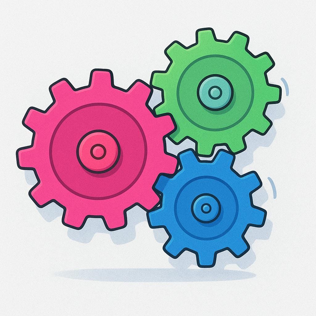 A simple illustration showing three colorful, interlocking gears of varying sizes, arranged to show a functional, organized system.