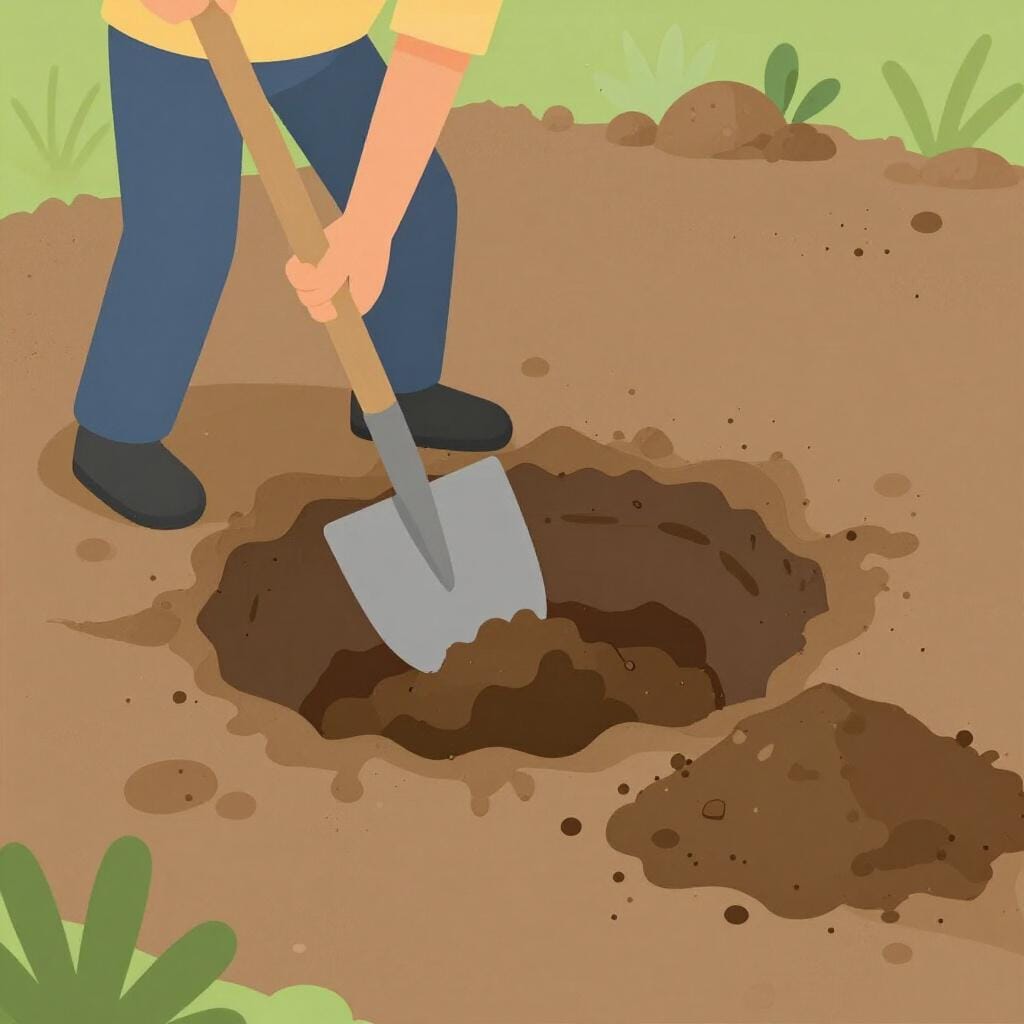노란색 안전모를 쓴 건설 노동자가 삽으로 땅에 깊은 구멍을 파고 있는 모습.