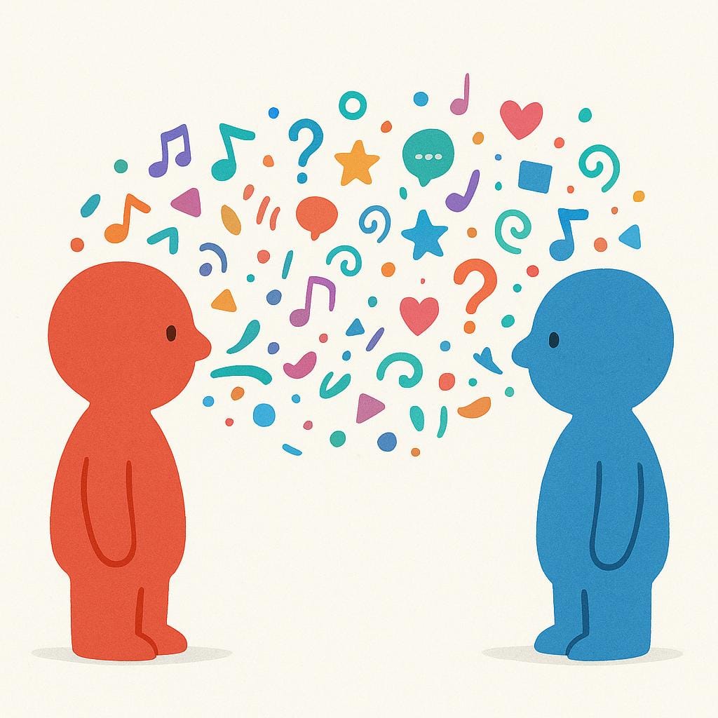 Two simplified, colorful figures standing and facing each other. Abstract, curved lines and small shapes flow between them, symbolizing the active exchange of dialogue in a conversation.