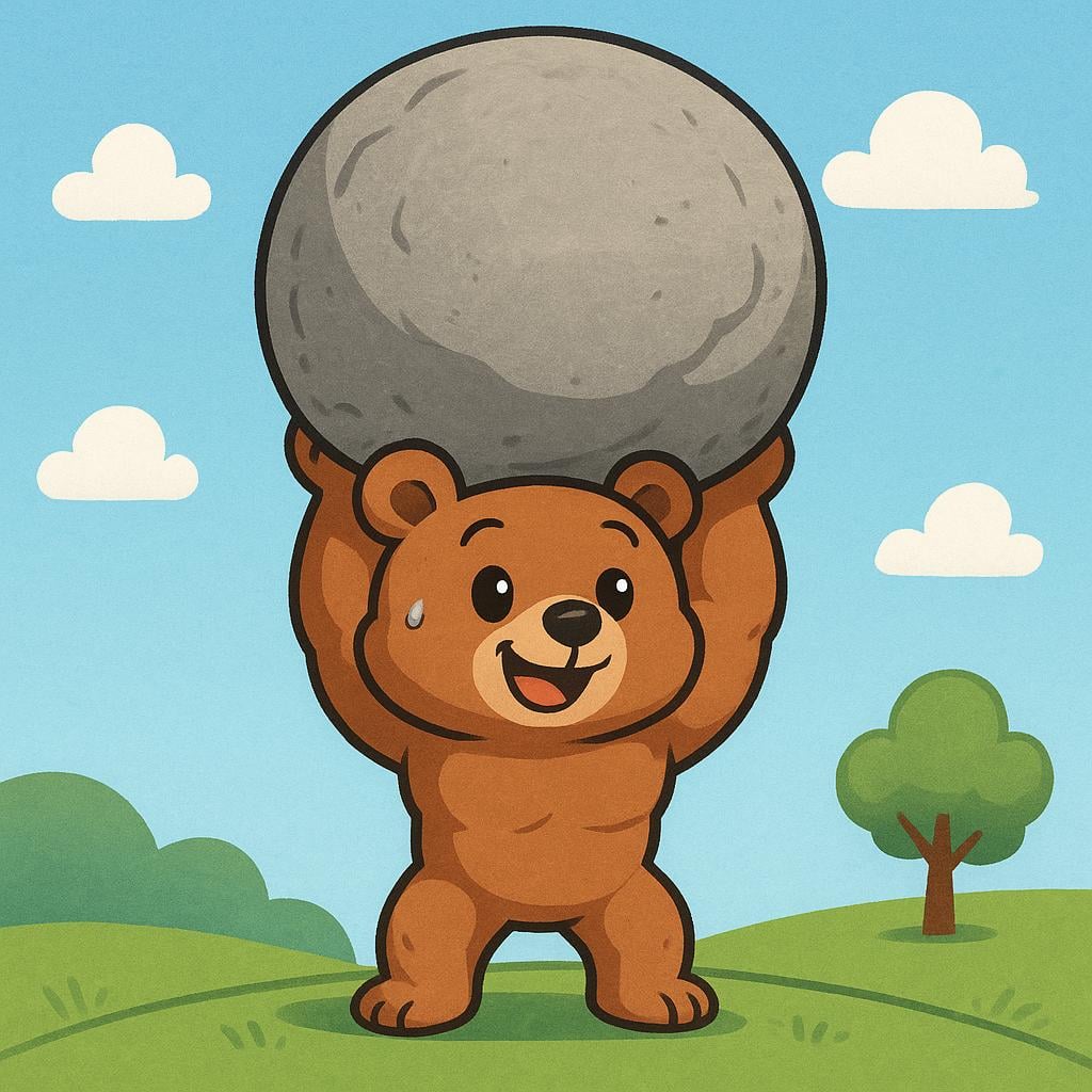 A storybook illustration of a strong cartoon bear lifting a large boulder high above its head, demonstrating its power.