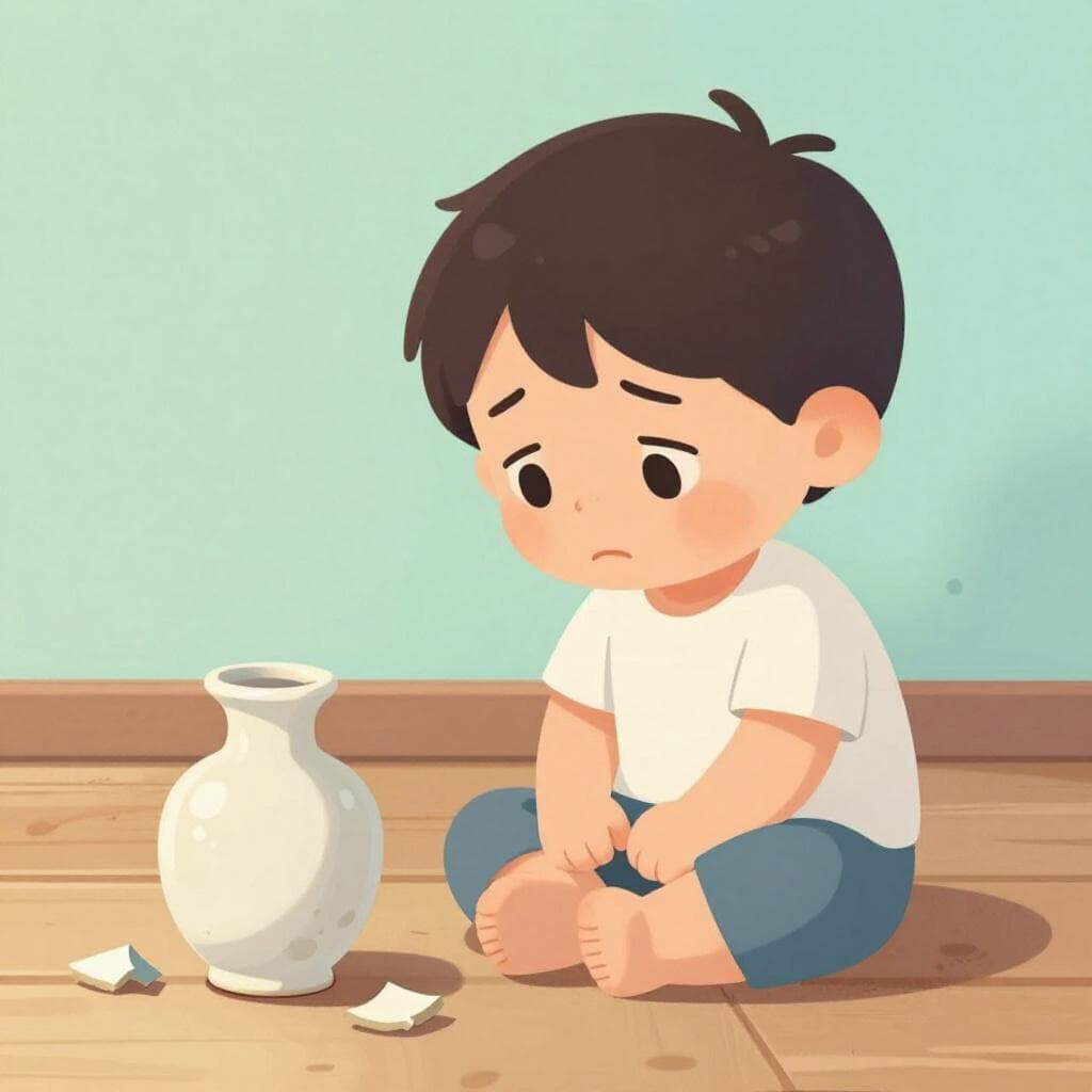 Een kind zit op de grond en kijkt verdrietig naar een gebroken keramische vaas.