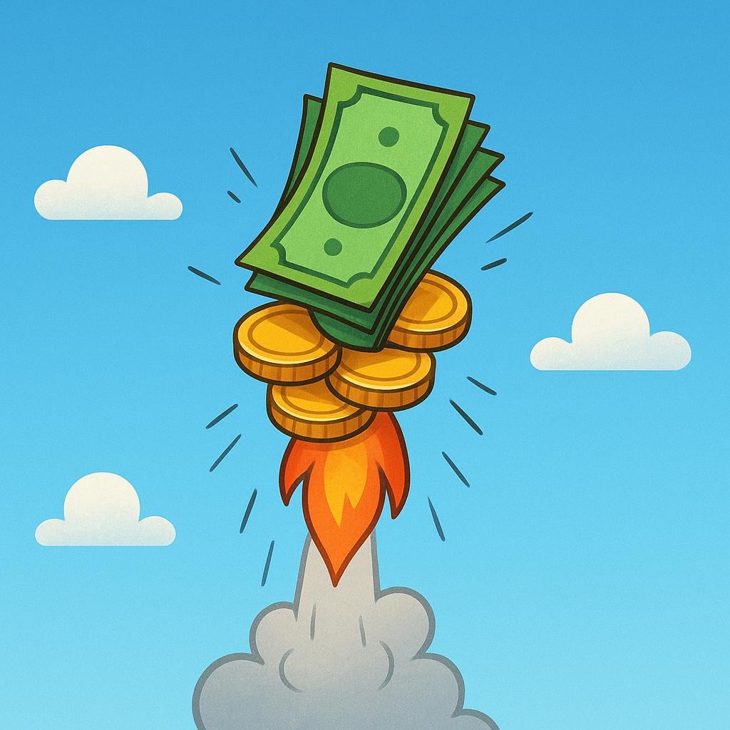 A stack of gold coins and paper money suddenly shooting upwards into the blue sky like a rocket, leaving a simple trail of smoke and fire below.