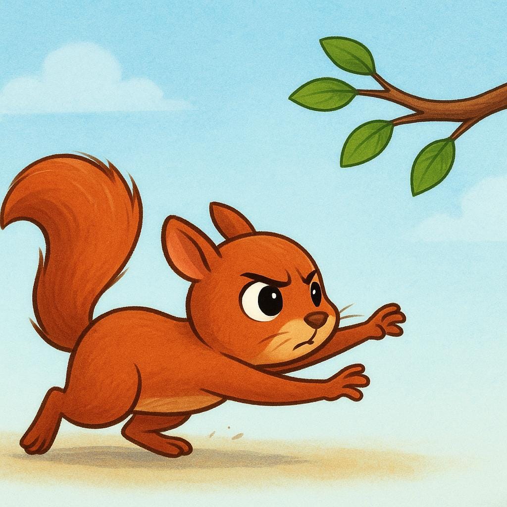 A small, determined squirrel stretching its front paws toward a distant tree branch, focusing intently on making a difficult jump.