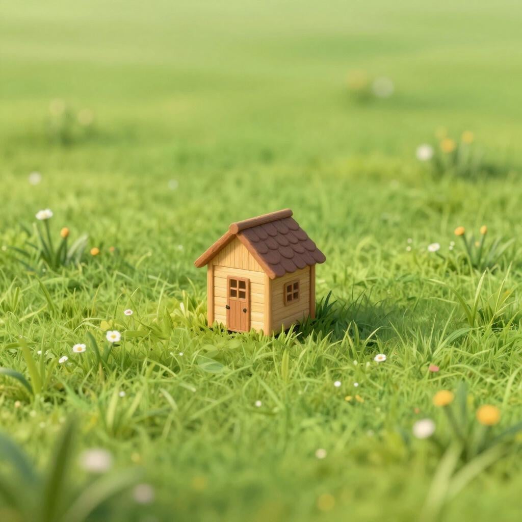 A small, cozy wooden cabin sitting alone in the middle of a large empty field.
