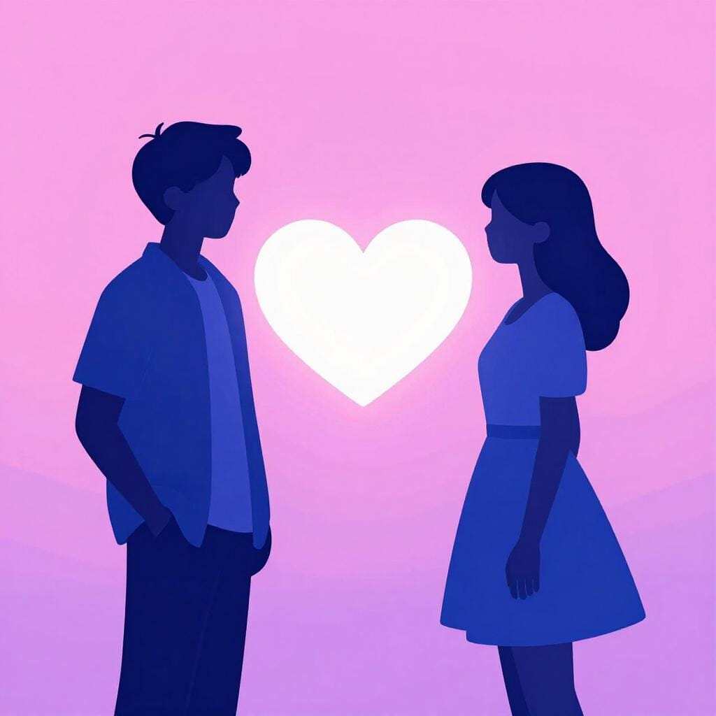 분홍색, 보라색, 파란색으로 채색된 하트 모양 사이에 다른 성별의 두 실루엣 인물이 함께 서 있는 단순한 일러스트.