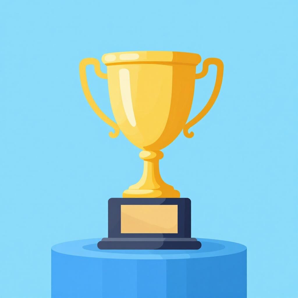 A shiny gold trophy with a red ribbon around it, sitting on a blue pedestal.