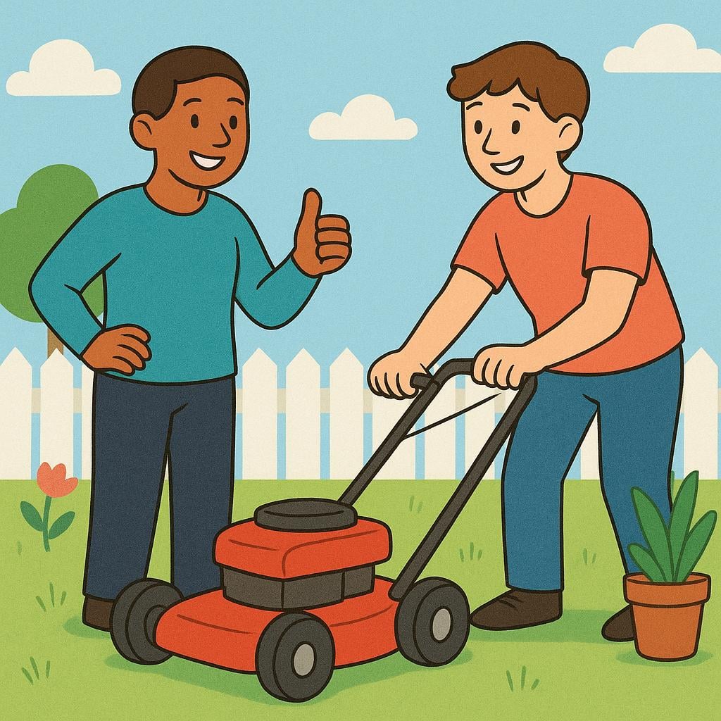 A friendly person standing next to a lawnmower, giving a decisive thumbs-up gesture towards their friend, signaling them to start the machine.