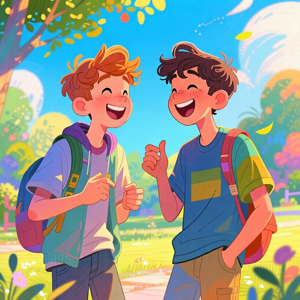 Two young men interacting informally, laughing and chatting casually outdoors.