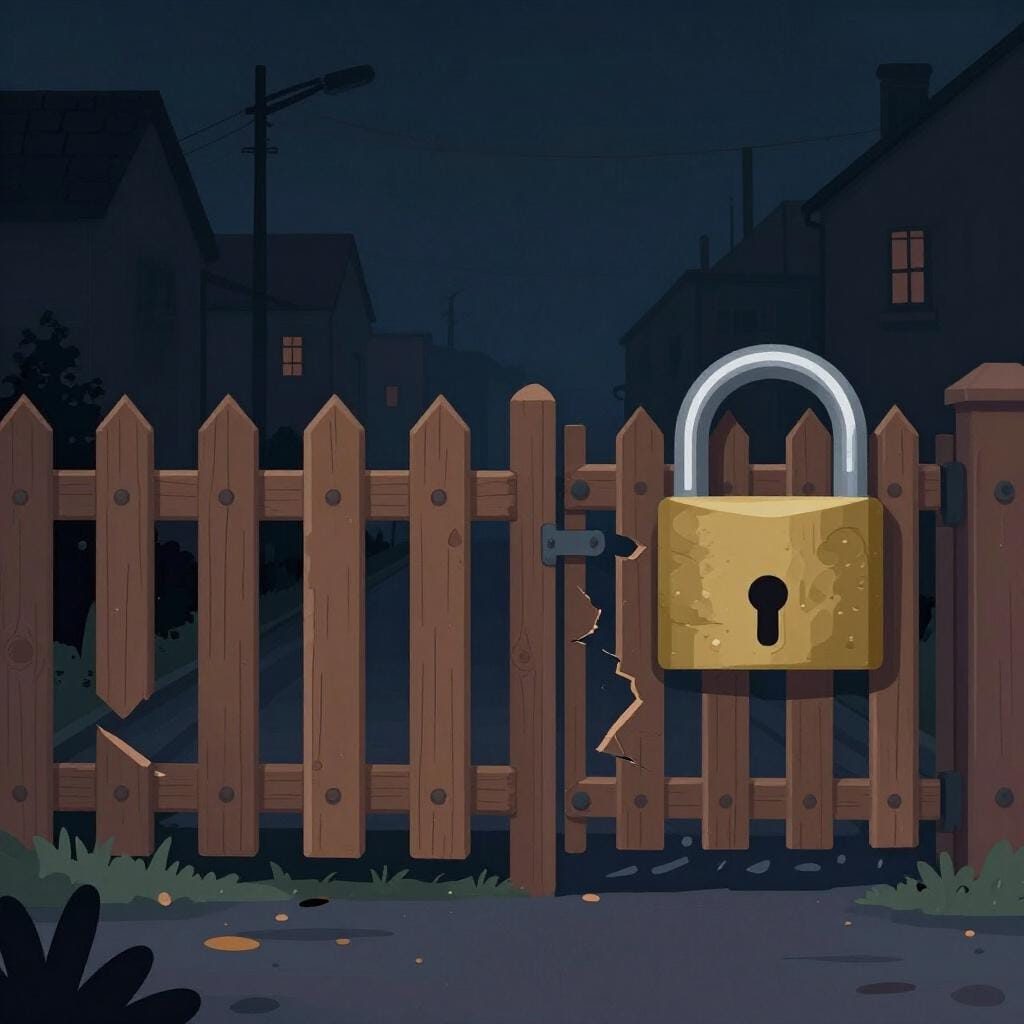 A dark street with a broken fence and a warning sign showing a locked gate.