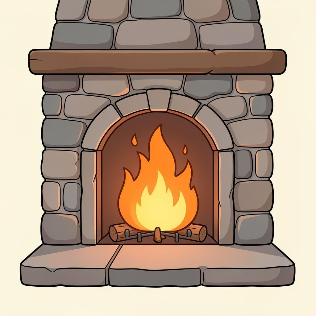 A warm fireplace with glowing orange embers and a stone base.