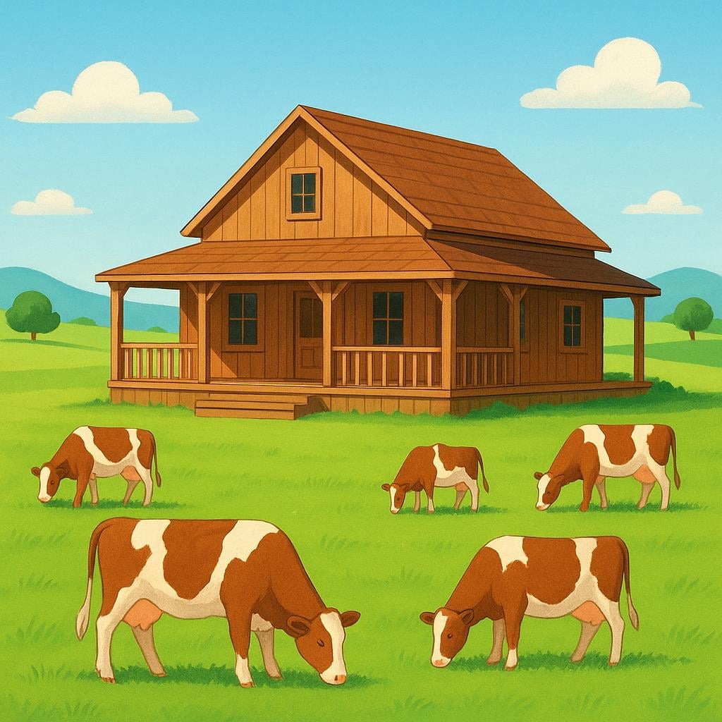 A wide view of a wooden ranch house surrounded by a fence, with several cows grazing in a grassy field under a blue sky.