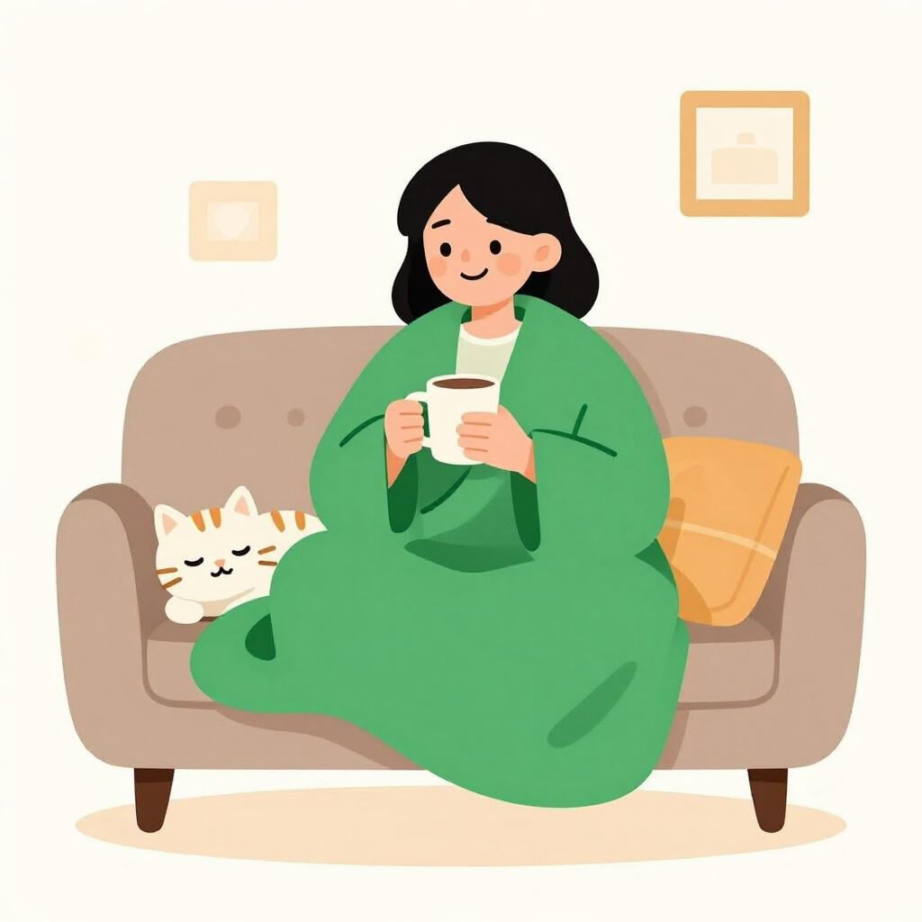 A person curled up comfortably on a soft sofa with a fluffy blanket and a steaming mug.