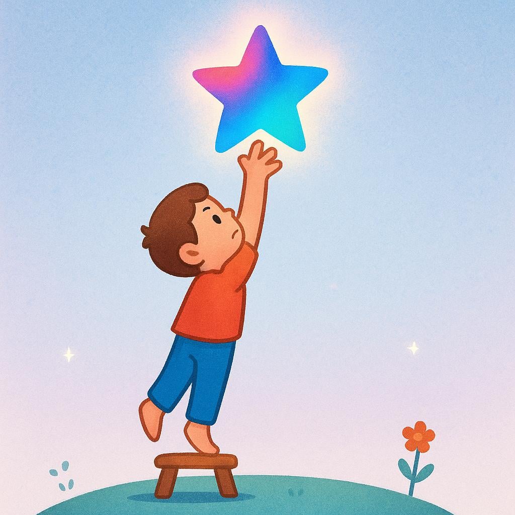 A small figure straining to reach a star high above them, symbolizing effort and trying.