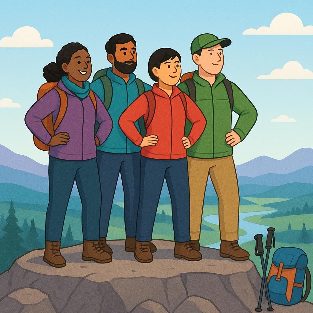 Un gruppo di quattro escursionisti diversi in piedi trionfanti sulla cima di una montagna, che si affacciano sul paesaggio.