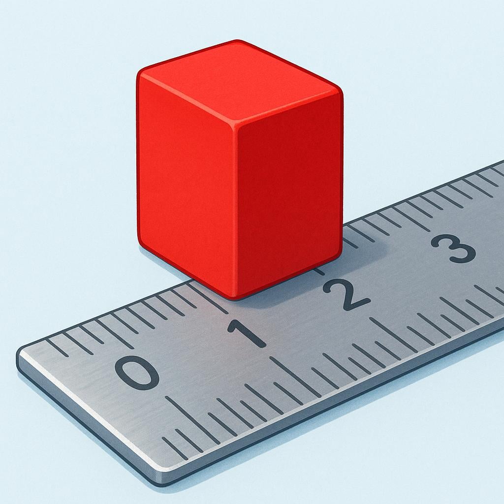 A close-up view of a hand using a ruler to measure the length of a small, colorful block with extreme accuracy, demonstrating exactness.