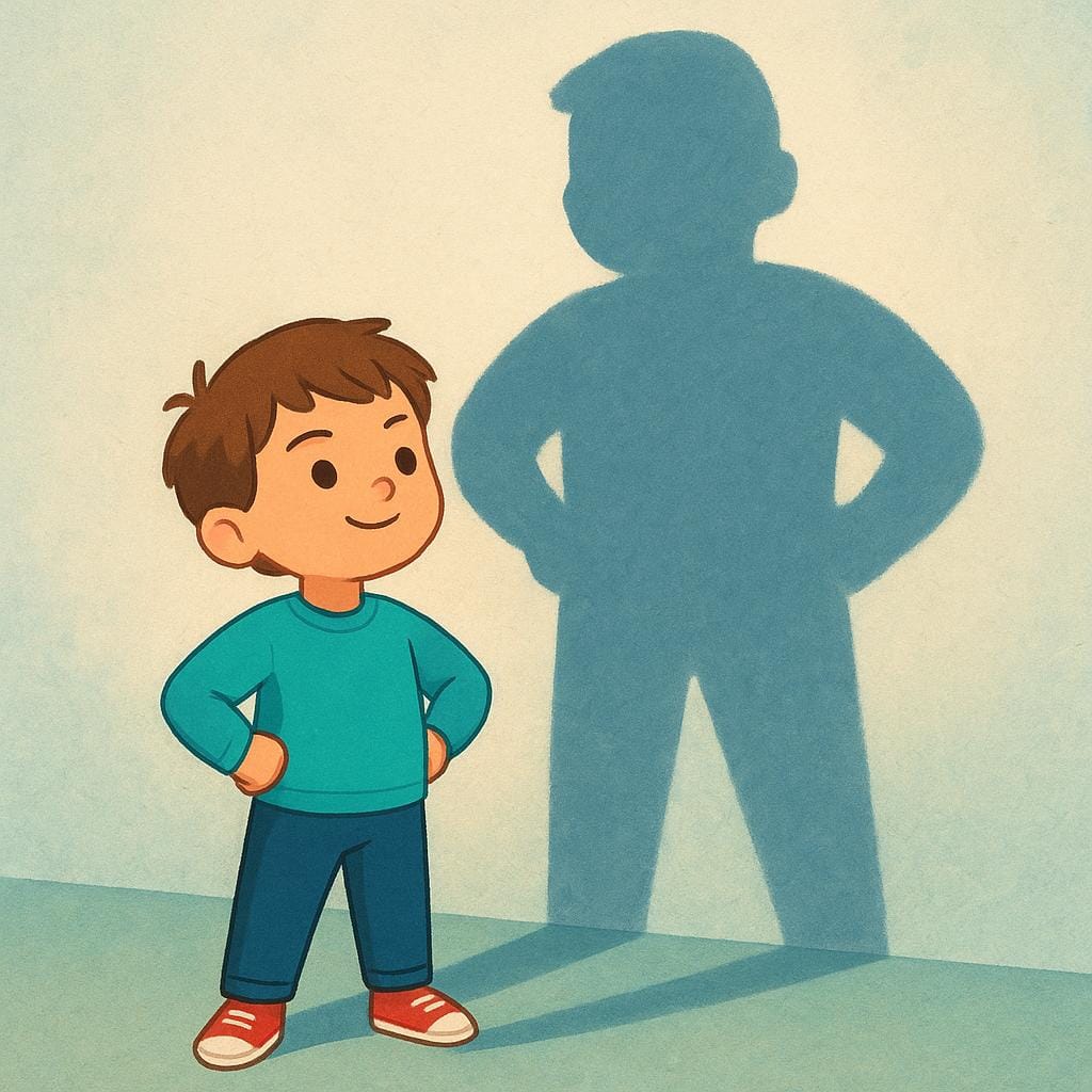 A small child stands bravely and confidently, holding their chin up while facing a very large, non-threatening shadow of a creature in a dimly lit room.